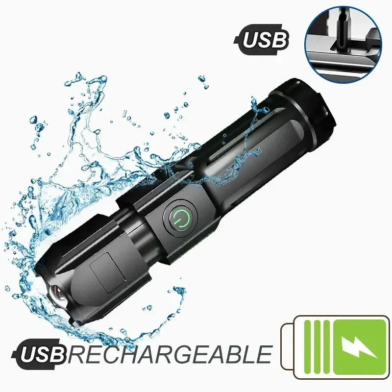 Lanterna LED Tática Recarregável USB | Super Potente, À Prova d’Água e com Zoom